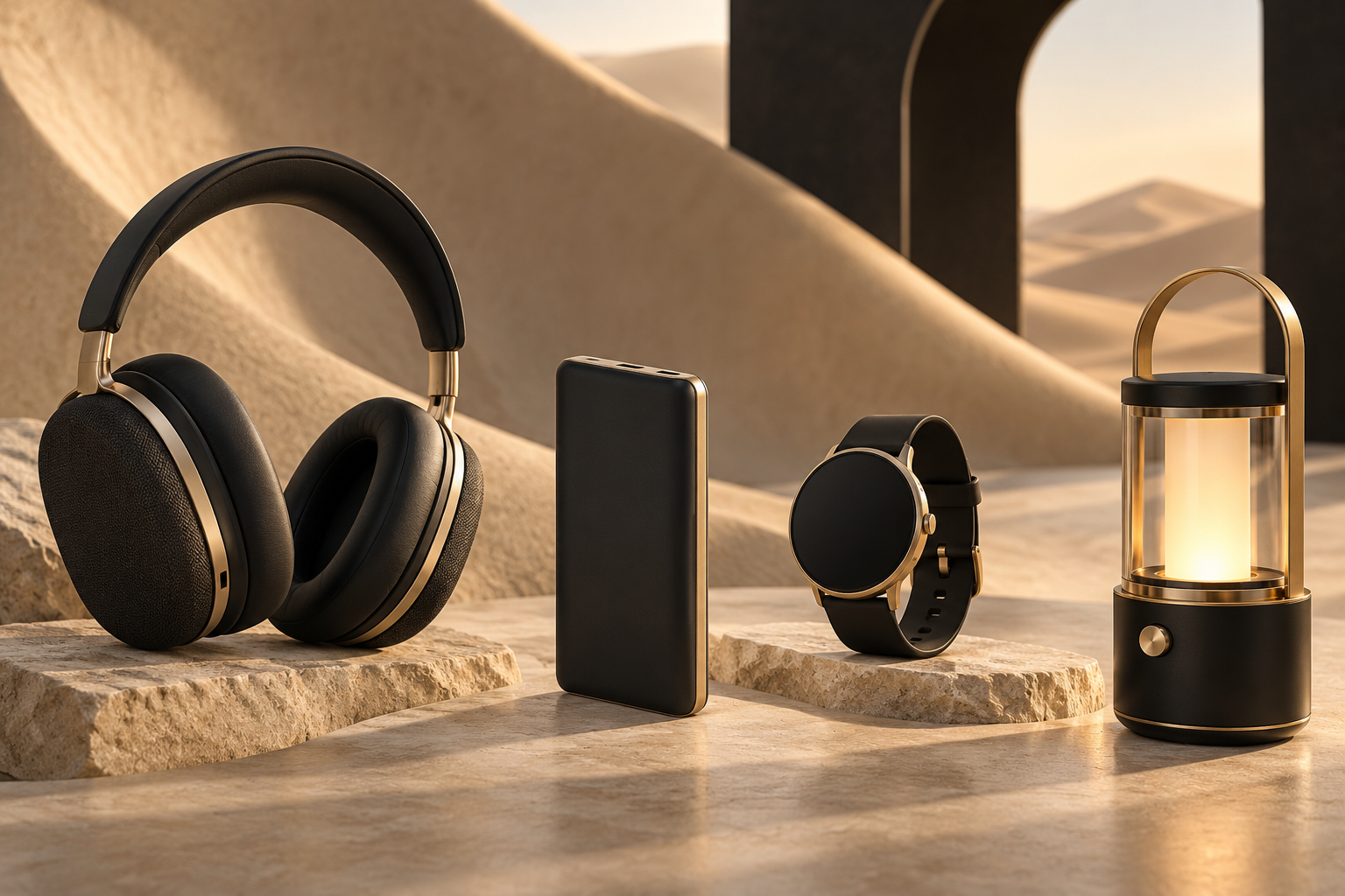 Concept headphones, power bank, smart watch and camping lantern in black and gold